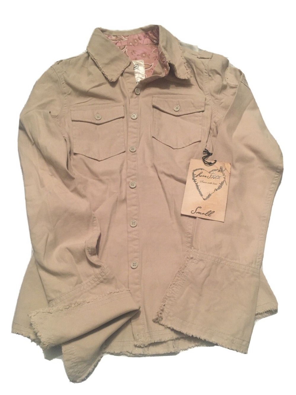 love stitch Long-Sleeve Button-Down Raw Hem Short